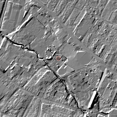 Shaded relief map of the ground around GL518JQ, computed from Environment Agency LiDAR. The ground here sits at about 50 m above sea level and falls 13 m across the surrounding 800 m. Surface water reaching this point runs off ground lying to the east, 4.0 m higher.