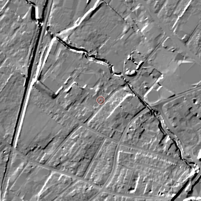 Shaded relief map of the ground around GL518JR, computed from Environment Agency LiDAR. The ground here sits at about 52 m above sea level and falls 16 m across the surrounding 800 m. Surface water reaching this point runs off ground lying to the south-south-east, 2.6 m higher.