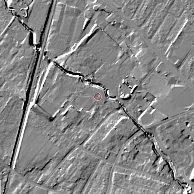 Shaded relief map of the ground around GL518JW, computed from Environment Agency LiDAR. The ground here sits at about 50 m above sea level and falls 14 m across the surrounding 800 m. Surface water reaching this point runs off ground lying to the south-south-west, 2.6 m higher.