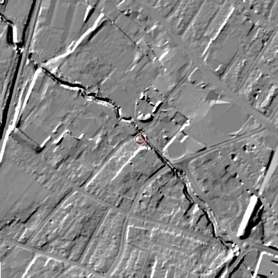 Shaded relief map of the ground around GL518LE, computed from Environment Agency LiDAR. The ground here sits at about 49 m above sea level and falls 14 m across the surrounding 800 m. Surface water reaching this point runs off ground lying to the south-south-east, 11.0 m higher.