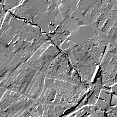 Shaded relief map of the ground around GL518PA, computed from Environment Agency LiDAR. The ground here sits at about 52 m above sea level and falls 16 m across the surrounding 800 m. Surface water reaching this point runs off ground lying to the south-south-east, 8.7 m higher.