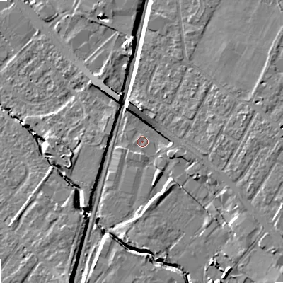 Shaded relief map of the ground around GL519AA, computed from Environment Agency LiDAR. The ground here sits at about 47 m above sea level and falls 12 m across the surrounding 800 m. Surface water reaching this point runs off ground lying to the east-south-east, 6.9 m higher.