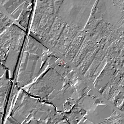 Shaded relief map of the ground around GL519AH, computed from Environment Agency LiDAR. The ground here sits at about 50 m above sea level and falls 11 m across the surrounding 800 m. Surface water reaching this point runs off ground lying to the east, 1.3 m higher.