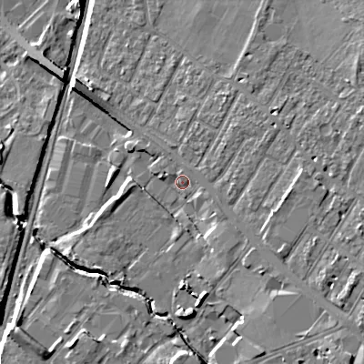 Shaded relief map of the ground around GL519AL, computed from Environment Agency LiDAR. The ground here sits at about 50 m above sea level and falls 11 m across the surrounding 800 m. Surface water reaching this point runs off ground lying to the east-north-east, 3.4 m higher.