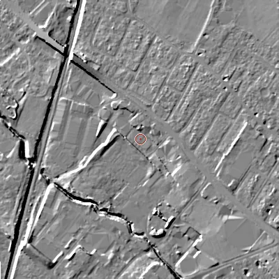 Shaded relief map of the ground around GL519AN, computed from Environment Agency LiDAR. The ground here sits at about 48 m above sea level and falls 11 m across the surrounding 800 m. Surface water reaching this point runs off ground lying to the east-south-east, 7.2 m higher.