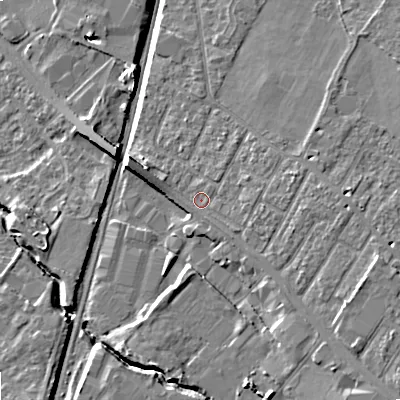 Shaded relief map of the ground around GL519DN, computed from Environment Agency LiDAR. The ground here sits at about 49 m above sea level and falls 11 m across the surrounding 800 m. Surface water reaching this point runs off ground lying to the east-south-east, 2.8 m higher.