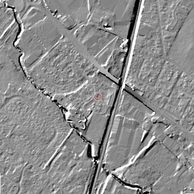 Shaded relief map of the ground around GL519DX, computed from Environment Agency LiDAR. The ground here sits at about 47 m above sea level and falls 12 m across the surrounding 800 m. Surface water reaching this point runs off ground lying to the south, 1.5 m higher.