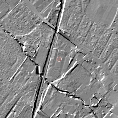 Shaded relief map of the ground around GL519FB, computed from Environment Agency LiDAR. The ground here sits at about 47 m above sea level and falls 12 m across the surrounding 800 m. Surface water reaching this point runs off ground lying to the south-south-west, 0.8 m higher.