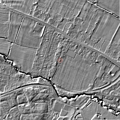 Shaded relief map of the ground around GL519FF, computed from Environment Agency LiDAR. The ground here sits at about 36 m above sea level and falls 10 m across the surrounding 800 m. Surface water reaching this point runs off ground lying to the west-south-west, 0.9 m higher.