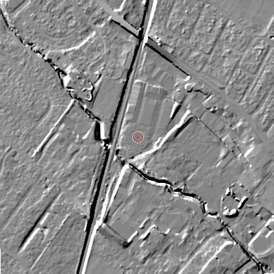 Shaded relief map of the ground around GL519FL, computed from Environment Agency LiDAR. The ground here sits at about 48 m above sea level and falls 13 m across the surrounding 800 m. Surface water reaching this point runs off ground lying to the south-south-east, 0.5 m higher.