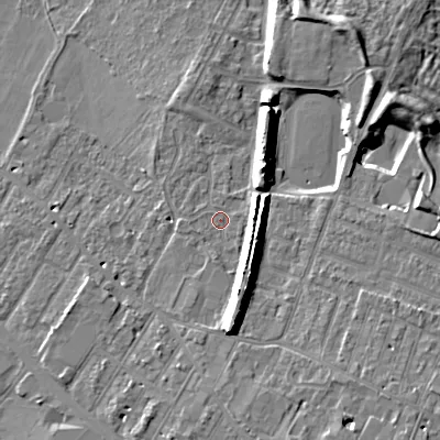 Shaded relief map of the ground around GL519LL, computed from Environment Agency LiDAR. The ground here sits at about 52 m above sea level and falls 12 m across the surrounding 800 m. Surface water reaching this point runs off ground lying to the south-south-east, 7.5 m higher.