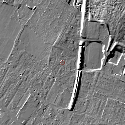 Shaded relief map of the ground around GL519LN, computed from Environment Agency LiDAR. The ground here sits at about 52 m above sea level and falls 17 m across the surrounding 800 m. Surface water reaching this point runs off ground lying to the south-south-east, 7.8 m higher.