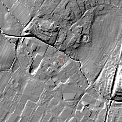 Shaded relief map of the ground around GL519NJ, computed from Environment Agency LiDAR. The ground here sits at about 38 m above sea level and falls 16 m across the surrounding 800 m. Surface water reaching this point runs off ground lying to the south, 5.9 m higher.