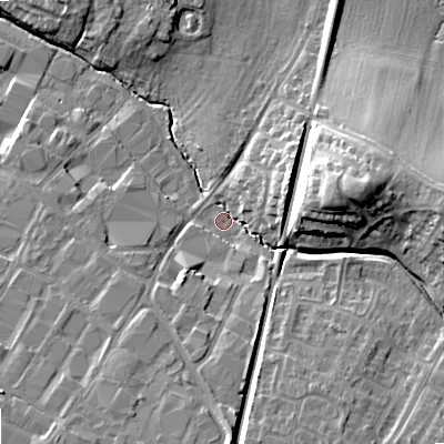 Shaded relief map of the ground around GL519NN, computed from Environment Agency LiDAR. The ground here sits at about 40 m above sea level and falls 16 m across the surrounding 800 m. Surface water reaching this point runs off ground lying to the east-north-east, 13.5 m higher.