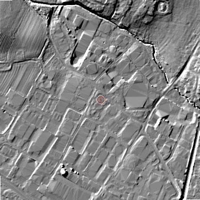 Shaded relief map of the ground around GL519NQ, computed from Environment Agency LiDAR. The ground here sits at about 42 m above sea level and falls 14 m across the surrounding 800 m. Surface water reaching this point runs off ground lying to the south-south-east, 4.2 m higher.