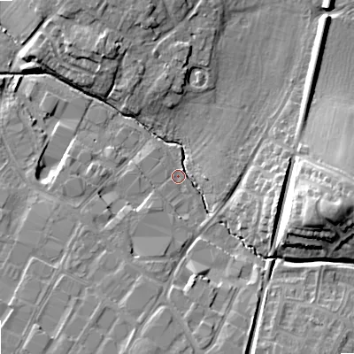 Shaded relief map of the ground around GL519PQ, computed from Environment Agency LiDAR. The ground here sits at about 39 m above sea level and falls 17 m across the surrounding 800 m. Surface water reaching this point runs off ground lying to the east-south-east, 8.9 m higher.