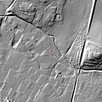 Shaded relief map of the ground around GL519PT, computed from Environment Agency LiDAR. The ground here sits at about 39 m above sea level and falls 17 m across the surrounding 800 m. Surface water reaching this point runs off ground lying to the south-south-west, 2.4 m higher.