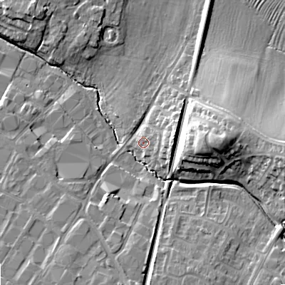 Shaded relief map of the ground around GL519QA, computed from Environment Agency LiDAR. The ground here sits at about 41 m above sea level and falls 16 m across the surrounding 800 m. Surface water reaching this point runs off ground lying to the east-north-east, 2.5 m higher.