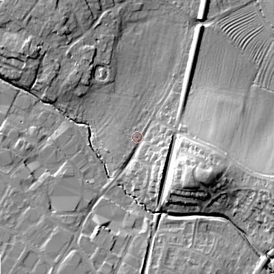 Shaded relief map of the ground around GL519QF, computed from Environment Agency LiDAR. The ground here sits at about 40 m above sea level and falls 18 m across the surrounding 800 m. Surface water reaching this point runs off ground lying to the south-east, 4.9 m higher.