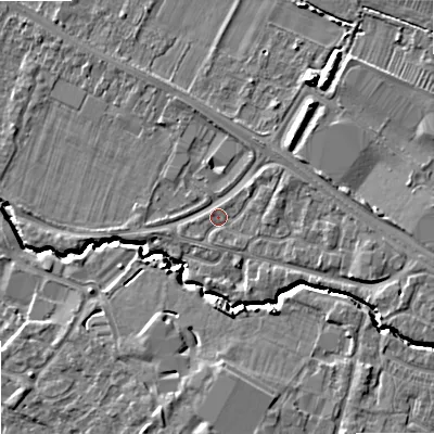 Shaded relief map of the ground around GL519QJ, computed from Environment Agency LiDAR. The ground here sits at about 38 m above sea level and falls 10 m across the surrounding 800 m. Surface water reaching this point runs off ground lying to the east-south-east, 4.1 m higher.
