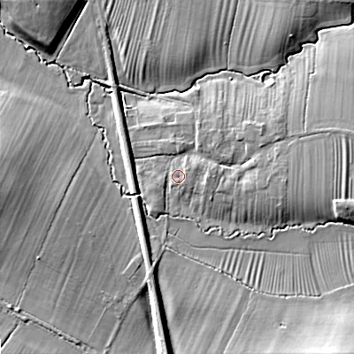 Shaded relief map of the ground around GL519RS, computed from Environment Agency LiDAR. The ground here sits at about 36 m above sea level and falls 13 m across the surrounding 800 m. Surface water reaching this point runs off ground lying to the east-north-east, 2.4 m higher.