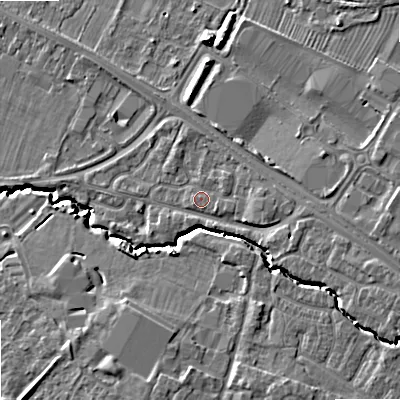 Shaded relief map of the ground around GL519RY, computed from Environment Agency LiDAR. The ground here sits at about 39 m above sea level and falls 9 m across the surrounding 800 m. Surface water reaching this point runs off ground lying to the east, 2.3 m higher.