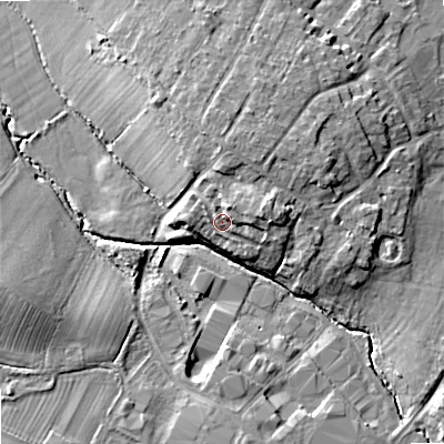 Shaded relief map of the ground around GL519SD, computed from Environment Agency LiDAR. The ground here sits at about 42 m above sea level and falls 12 m across the surrounding 800 m. Surface water reaching this point runs off ground lying to the east, 4.7 m higher.