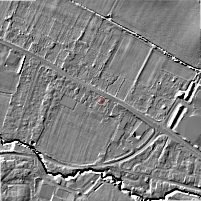 Shaded relief map of the ground around GL519SL, computed from Environment Agency LiDAR. The ground here sits at about 37 m above sea level and falls 12 m across the surrounding 800 m. Surface water reaching this point runs off ground lying to the east-north-east, 1.0 m higher.