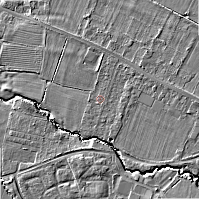 Shaded relief map of the ground around GL519SN, computed from Environment Agency LiDAR. The ground here sits at about 35 m above sea level and falls 9 m across the surrounding 800 m. Surface water reaching this point runs off ground lying to the east, 2.9 m higher.