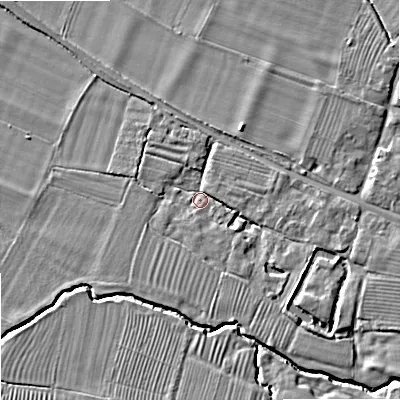 Shaded relief map of the ground around GL519SU, computed from Environment Agency LiDAR. The ground here sits at about 29 m above sea level and falls 8 m across the surrounding 800 m. Surface water reaching this point runs off ground lying to the south-east, 4.9 m higher.
