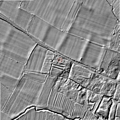 Shaded relief map of the ground around GL519SX, computed from Environment Agency LiDAR. The ground here sits at about 29 m above sea level and falls 8 m across the surrounding 800 m. Surface water reaching this point runs off ground lying to the east-south-east, 1.3 m higher.