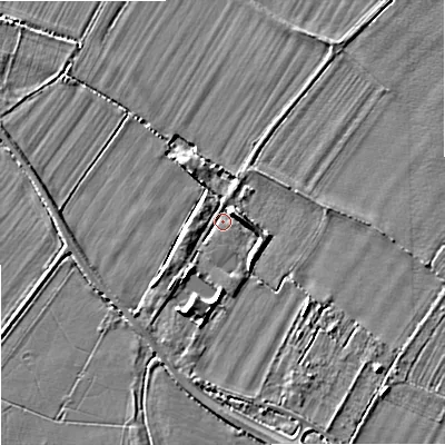 Shaded relief map of the ground around GL519SY, computed from Environment Agency LiDAR. The ground here sits at about 21 m above sea level and falls 5 m across the surrounding 800 m. Surface water reaching this point runs off ground lying to the east, 3.1 m higher.
