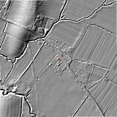 Shaded relief map of the ground around GL519SZ, computed from Environment Agency LiDAR. The ground here sits at about 19 m above sea level and falls 6 m across the surrounding 800 m. Surface water reaching this point runs off ground lying to the south-east, 1.5 m higher.