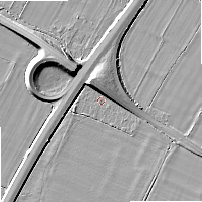 Shaded relief map of the ground around GL519TL, computed from Environment Agency LiDAR. The ground here sits at about 24 m above sea level and falls 12 m across the surrounding 800 m. Surface water reaching this point runs off ground lying to the north-north-west, 9.7 m higher.