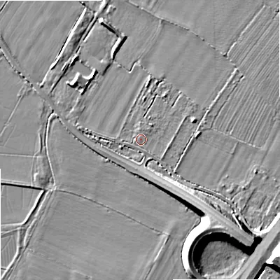 Shaded relief map of the ground around GL519TN, computed from Environment Agency LiDAR. The ground here sits at about 22 m above sea level and falls 14 m across the surrounding 800 m. Surface water reaching this point runs off ground lying to the east-south-east, 0.7 m higher.