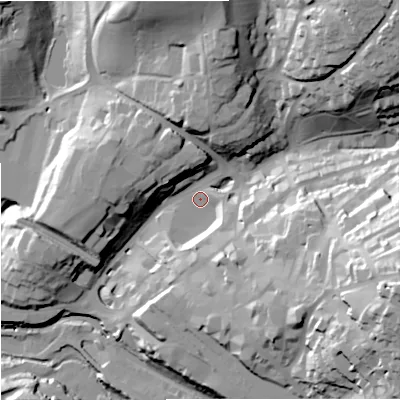 Shaded relief map of the ground around GL51QA, computed from Environment Agency LiDAR. The ground here sits at about 46 m above sea level and falls 59 m across the surrounding 800 m. Surface water reaching this point runs off ground lying to the north, 20.8 m higher.