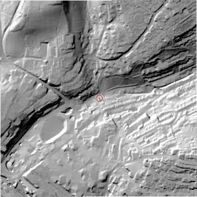 Shaded relief map of the ground around GL51QN, computed from Environment Agency LiDAR. The ground here sits at about 48 m above sea level and falls 71 m across the surrounding 800 m. Surface water reaching this point runs off ground lying to the east-south-east, 64.8 m higher.