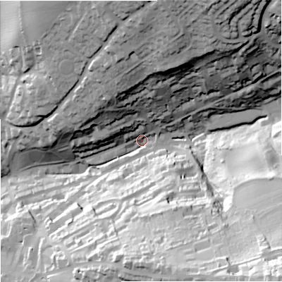 Shaded relief map of the ground around GL51QU, computed from Environment Agency LiDAR. The ground here sits at about 55 m above sea level and falls 91 m across the surrounding 800 m. Surface water reaching this point runs off ground lying to the south-east, 85.9 m higher.