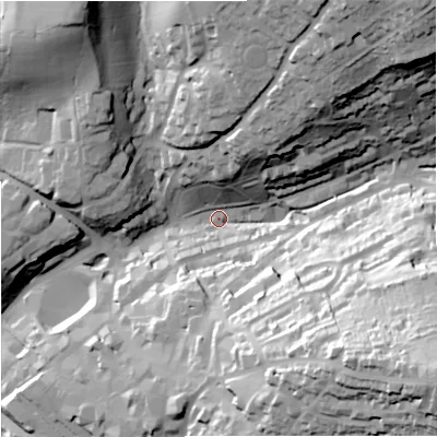 Shaded relief map of the ground around GL51QW, computed from Environment Agency LiDAR. The ground here sits at about 48 m above sea level and falls 74 m across the surrounding 800 m. Surface water reaching this point runs off ground lying to the south-east, 70.8 m higher.