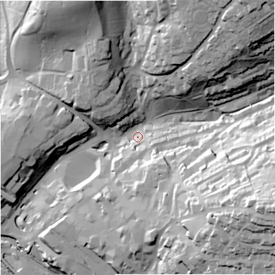 Shaded relief map of the ground around GL51UY, computed from Environment Agency LiDAR. The ground here sits at about 48 m above sea level and falls 73 m across the surrounding 800 m. Surface water reaching this point runs off ground lying to the east-south-east, 64.5 m higher.