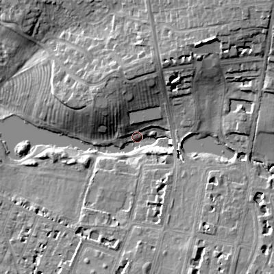 Shaded relief map of the ground around GL522AP, computed from Environment Agency LiDAR. The ground here sits at about 53 m above sea level and falls 21 m across the surrounding 800 m. Surface water reaching this point runs off ground lying to the north-east, 19.3 m higher.