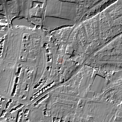 Shaded relief map of the ground around GL522DE, computed from Environment Agency LiDAR. The ground here sits at about 59 m above sea level and falls 14 m across the surrounding 800 m. Surface water reaching this point runs off ground lying to the south-south-west, 2.1 m higher.