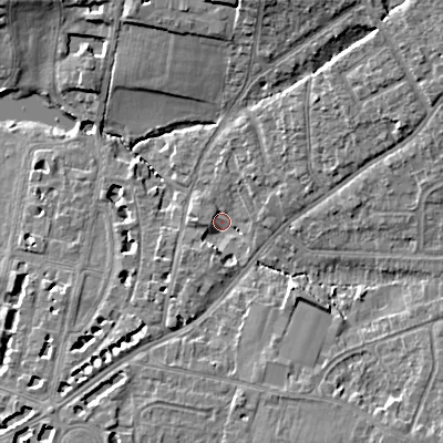 Shaded relief map of the ground around GL522DL, computed from Environment Agency LiDAR. The ground here sits at about 58 m above sea level and falls 12 m across the surrounding 800 m. Surface water reaching this point runs off ground lying to the north-east, 9.7 m higher.