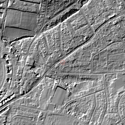 Shaded relief map of the ground around GL522DU, computed from Environment Agency LiDAR. The ground here sits at about 61 m above sea level and falls 14 m across the surrounding 800 m. Surface water reaching this point runs off ground lying to the north-east, 8.5 m higher.