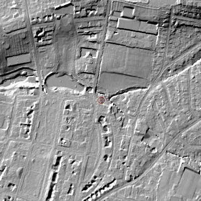 Shaded relief map of the ground around GL522RB, computed from Environment Agency LiDAR. The ground here sits at about 57 m above sea level and falls 24 m across the surrounding 800 m. Surface water reaching this point runs off ground lying to the north-east, 20.0 m higher.