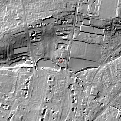 Shaded relief map of the ground around GL522RD, computed from Environment Agency LiDAR. The ground here sits at about 58 m above sea level and falls 24 m across the surrounding 800 m. Surface water reaching this point runs off ground lying to the east-north-east, 2.7 m higher.