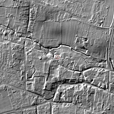 Shaded relief map of the ground around GL523BG, computed from Environment Agency LiDAR. The ground here sits at about 75 m above sea level and falls 20 m across the surrounding 800 m. Surface water reaching this point runs off ground lying to the east-north-east, 14.2 m higher.