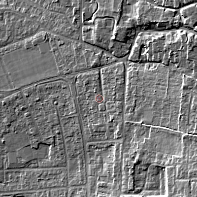 Shaded relief map of the ground around GL523DG, computed from Environment Agency LiDAR. The ground here sits at about 73 m above sea level and falls 20 m across the surrounding 800 m. Surface water reaching this point runs off ground lying to the east-south-east, 2.2 m higher.