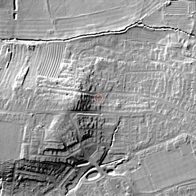 Shaded relief map of the ground around GL523DS, computed from Environment Agency LiDAR. The ground here sits at about 67 m above sea level and falls 19 m across the surrounding 800 m. Surface water reaching this point runs off ground lying to the west-south-west, 9.0 m higher.