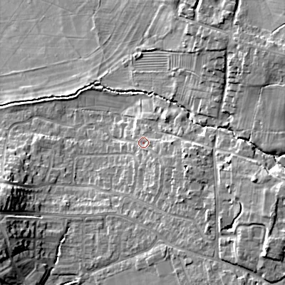 Shaded relief map of the ground around GL523DU, computed from Environment Agency LiDAR. The ground here sits at about 68 m above sea level and falls 20 m across the surrounding 800 m. Surface water reaching this point runs off ground lying to the east-south-east, 4.3 m higher.